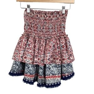 Misa Los Angeles Smocked Waist Ruffle Tiered Skirt Size XS Xsmall Fringe Trim